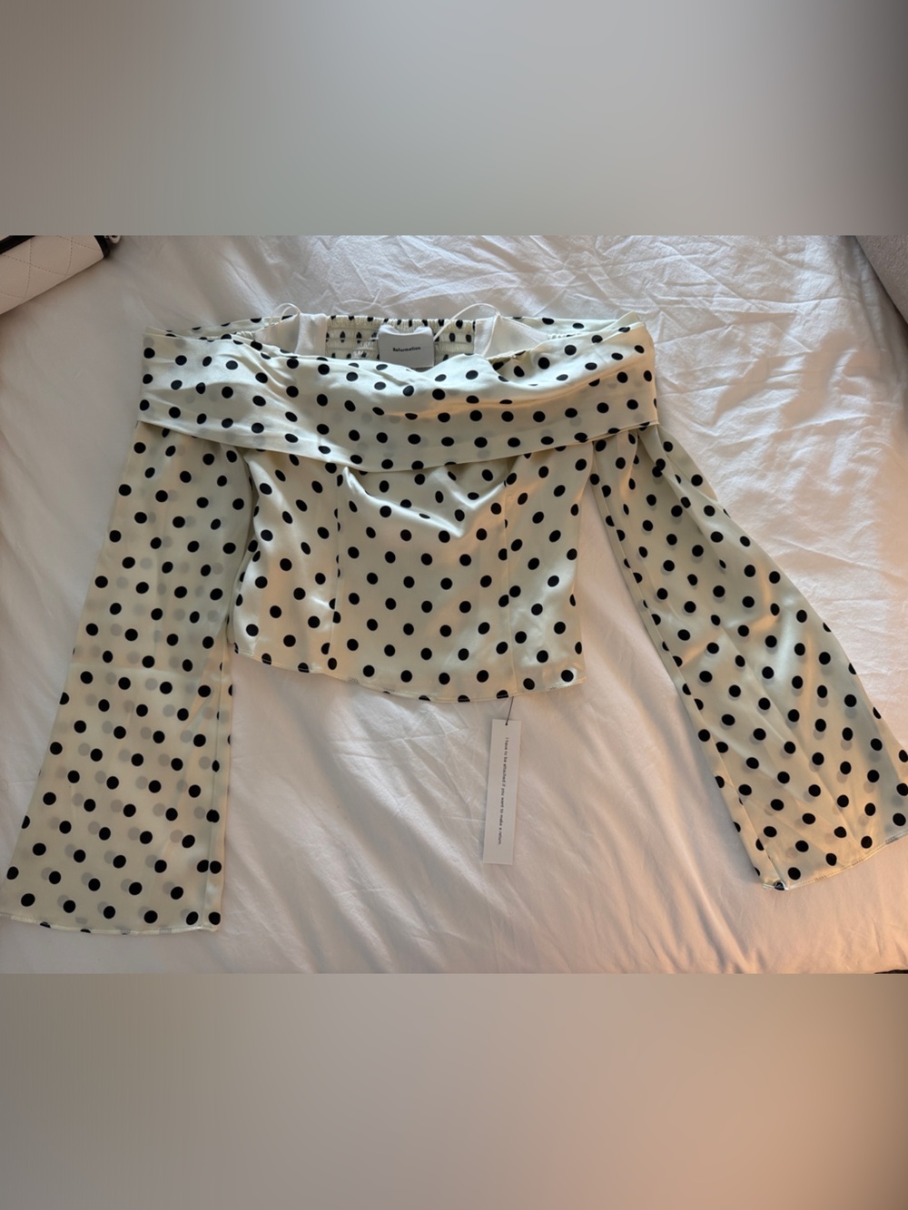 Reformation Polka Dot Off-Shoulder Satin Top - Black on Cream